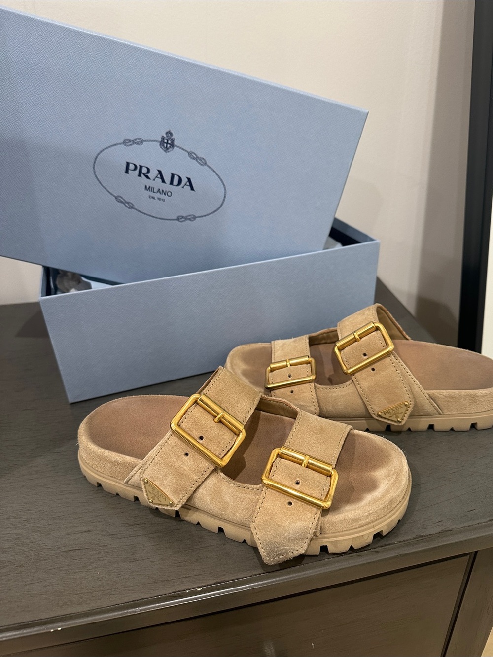 Prada Beige Suede Double-Buckle Slide Sandals